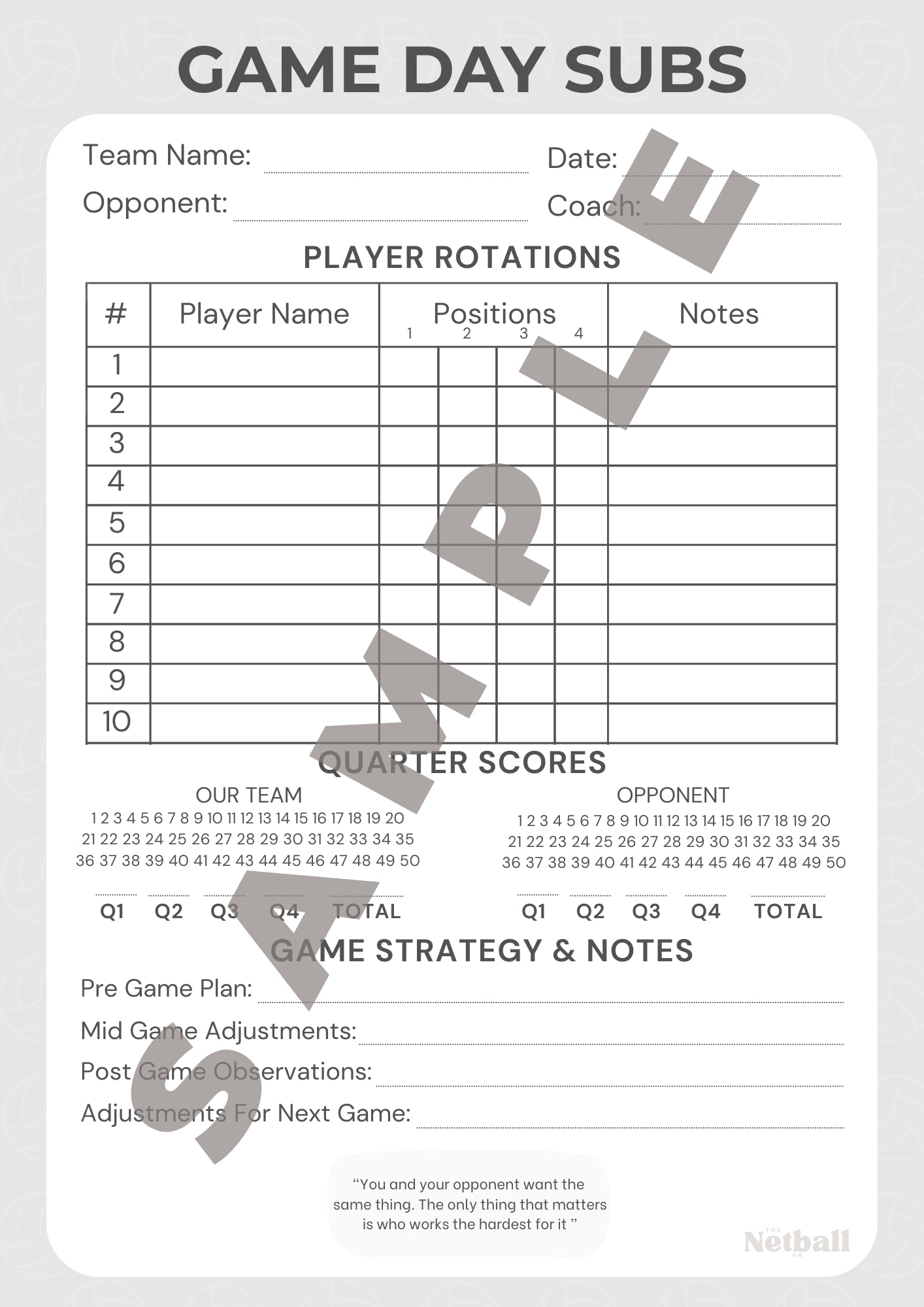 Netball Game Day Subs